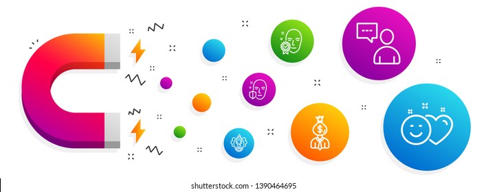 Magnet attracting. Manager, Users chat and Face verified icons simple set. Face protection, Clown and Smile signs. Work profit, Communication concept. People set. Line manager icon. Vector