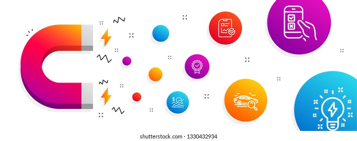 Magnet attracting. Mobile survey, Certificate and Check investment icons simple set. Search car, Report checklist and Inspiration signs. Phone quiz test, Verified award. Business set. Vector