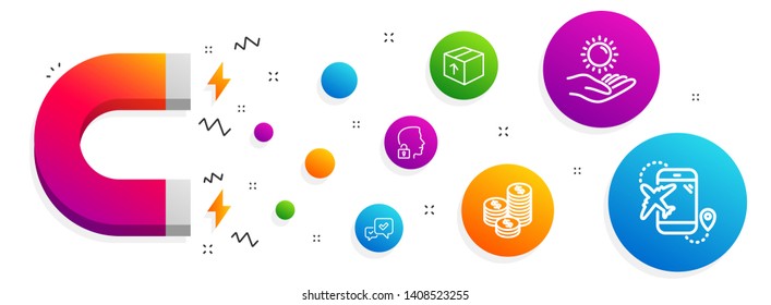 Magnet attracting. Package, Unlock system and Approve icons simple set. Sun protection, Coins and Flight destination signs. Delivery pack, Access granted. Business set. Line package icon. Vector