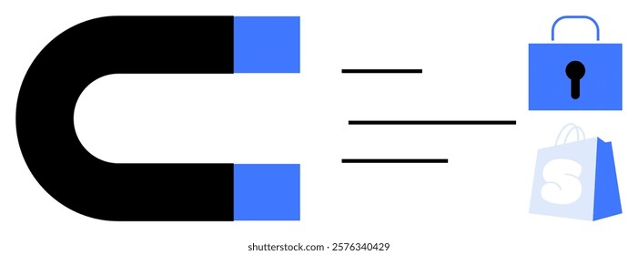 A magnet attracting a padlock and a shopping bag. Ideal for cybersecurity retail online shopping data protection and attraction. Minimalist design with a focus on secure e-commerce transactions
