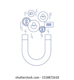 Magnet attracting people. Client attraction, customer retention, advertising campaign. Promotion concept. Concept of line icon