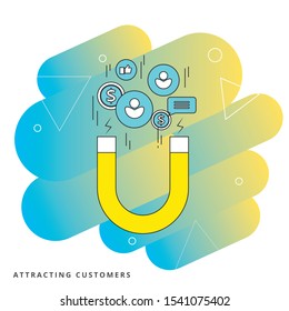 Magnet attracting people. Client attraction, customer retention, advertising campaign.