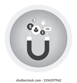 Magnet attracting people. Client attraction, customer retention, advertising campaign. Promotion concept. Black and white icon
