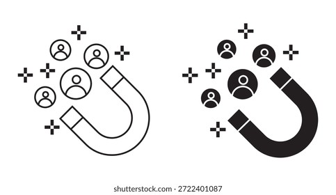 Ímã atraindo pessoas Ícone vetor. Atração do cliente e ícone de linha de retenção de público com ímã. Ícones de estilo de linha e preenchimento. campo magnético para Funil de Marketing. Ilustração vetorial.