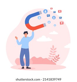 Magnet attracting people. Metaphor of social media and famous person, blogger attracts followers. Internet communication and positive feedback, modern marketing. Cartoon flat vector illustration