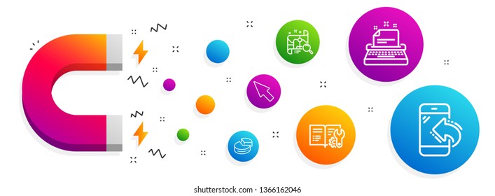 Magnet attracting. Pie chart, Search map and Typewriter icons simple set. Mouse cursor, Engineering documentation and Incoming call signs. 3d graph, Find address. Technology set. Vector