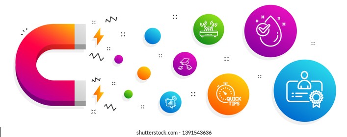 Magnet attracting. Quick tips, Water drop and Statistics timer icons simple set. Throw hats, Wifi and Certificate signs. Helpful tricks, Clean aqua. Science set. Line quick tips icon. Vector