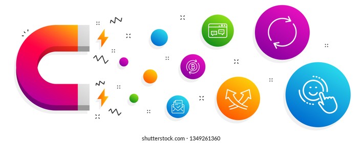 Magnet attracting. Refresh bitcoin, Approved mail and Browser window icons simple set. Full rotation, Intersection arrows and Smile signs. Update cryptocurrency, Confirmed document. Vector
