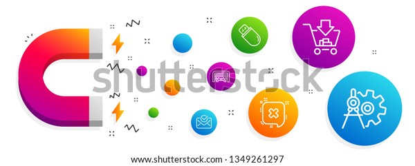 Magnet attracting. Reject, Parking garage and\
Shopping icons simple set. Usb stick, Approved mail and Cogwheel\
dividers signs. Delete message, Automatic door. Technology set.\
Line reject icon.\
Vector
