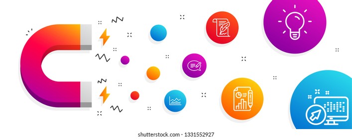 Magnet attracting. Report document, Trade infochart and Feather icons simple set. Message, Light bulb and Web system signs. Growth chart, Business analysis. Science set. Line report document icon