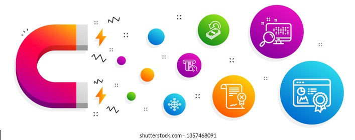Magnet attracting. Search, Logistics network and Cashback icons simple set. Reject certificate, Credit card and Seo certificate signs. Find file, International tracking. Technology set. Vector
