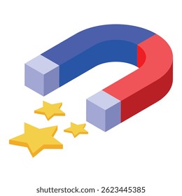 Ímã atraindo estrelas, representando o conceito de magnetismo em um estilo isométrico