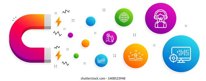 Magnet attracting. Support, Clean skin and Discount icons simple set. Seo internet, Financial diagram and Seo signs. Call center, Cosmetics. Business set. Line support icon. Editable stroke. Vector