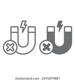 Magnet attraction ban line and solid icon, prohibited items concept. Vector graphics. Lightning, magnet energy forbidden sign on white background, outline style icon for mobile or web design