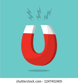 Magnet attraction concept. Red power metal tool in horseshoe shape. Flat vector illustration