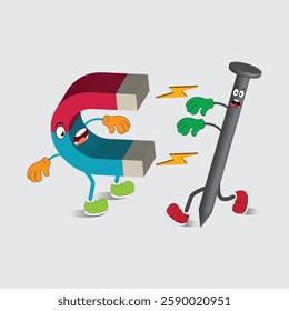  Magnet Attraction – Fun Cartoon Illustration , A creative and humorous cartoon illustration depicting a U-shaped magnet with expressive eyes and arms pulling in a frightened anthropomorphized nail.