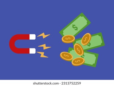 Magnet attracts amount of money. Investing concept vector illustration