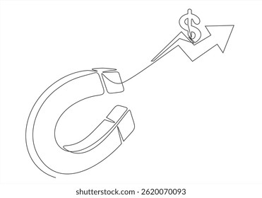 The magnet attracts with dollar signs, symbolizing financial success and profit. Editable stroke. One continuous line drawing
