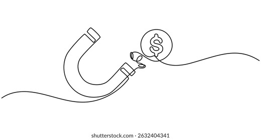 The magnet attracts with dollar signs, symbolizing financial success and profit. Editable stroke. One continuous line drawing, Continuous Line Drawing of Crowdfunding Icon. Hand Drawn Symbol Vector.