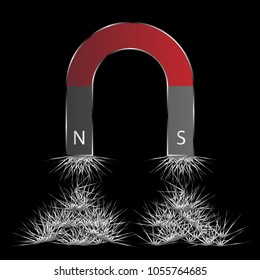 a magnet attracts metal filings on a black background. Vector Illustration