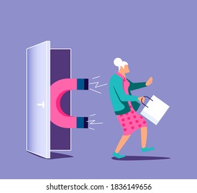 Magnet attracts potential product elderly woman buyer to shop. Concept of Influencer marketing, attraction customers. Isolated on purple. Flat Art Vector Illustration