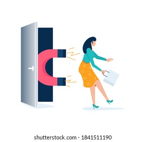 Magnet attracts potential product woman buyer to shop. Concept of Influencer marketing, attraction customers. Isolated on purple.  Flat Art Vector Illustration
