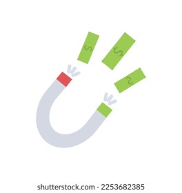 Magnet with banknotes icon. Metaphor of passive income. Successful company and organization. Investment and trading, economics. Poster or banner for website. Cartoon flat vector illustration
