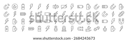 Magnet, Battery, Lightning Line Icon Pack. Outline Signs for Graphic and Web Design, Apps, Adverts, Various Cards 