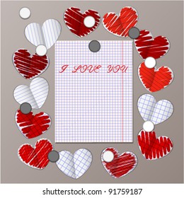 magnet board with paper hearts and message note vector
