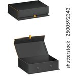 Magnet box 3d mockup, closed and open container for jewelry or gift. Black rigid packages template, paper or cardboard rectangular case isolated on white background, Realistic vector illustration
