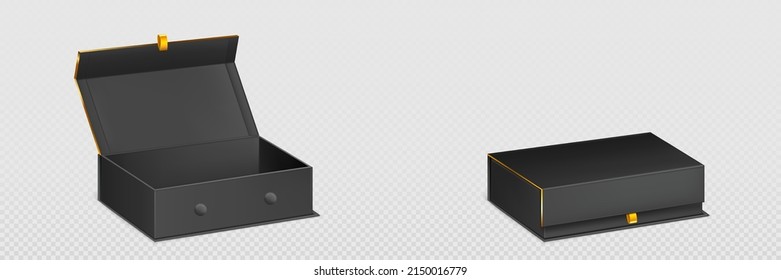 Cajón 3d de la caja del imán, contenedor cerrado y abierto para joyería o regalo. Plantilla de paquetes rígidos negros, papel o cartón, caso rectangular aislado en fondo blanco, ilustración vectorial realista