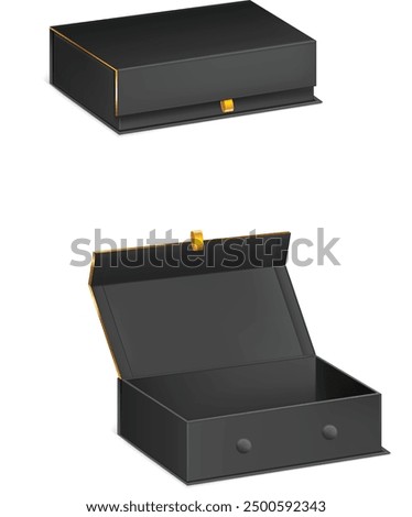 Magnet box 3d mockup, closed and open container for jewelry or gift. Black rigid packages template, paper or cardboard rectangular case isolated on white background, Realistic vector illustration
