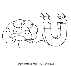 Magnet with brain as line drawing on white background. Vector