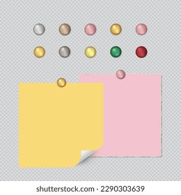 Magnet Button, glossy pin. Set of fasteners document sheets clip, metal stationery, office accessories. Realistic Vector illustration