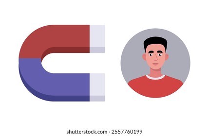 Magnet with character icons. Find leads and sales funnel concept. Marketing and business strategy. Colorful flat vector illustration