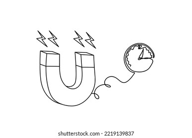 Magnet mit Uhr als Linienzeichnung auf weißem Hintergrund. Vektorgrafik