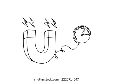 Magnet mit Uhr als Linienzeichnung auf weißem Hintergrund. Vektorgrafik