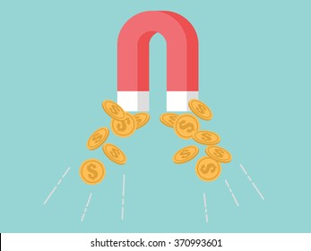 Magnet coin money. Flat design for business financial marketing banking advertisement office people property in minimal concept cartoon illustration.