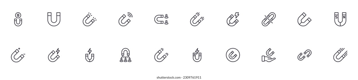 Magnet concept. Collection of modern high quality search line icons. Editable stroke. Premium linear symbol for web sites, flyers, banners, online shops and companies. 