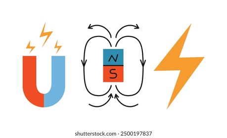Magnet concept, two poles, physical process. Vector illustration isolated on white background, hand drawn, flat design