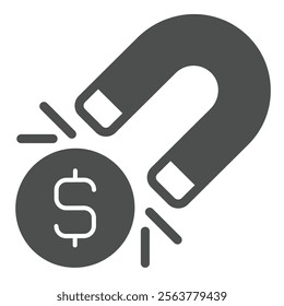 Magnet with dollar coin solid icon, financial advice concept. Vector graphics. Money income attract sign on white background, glyph style icon for mobile or web design
