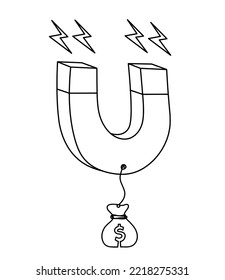 Magnet mit Dollar als Linienzeichnung auf weißem Hintergrund. Vektorgrafik