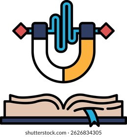 A magnet is drawn on top of an open book. The magnet is yellow and blue. The magnet is drawn in a way that it looks like it is pulling the book open
