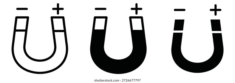 Imán e Icono Electromagnético. Conjunto de iconos de Ciencia Vector Logo Symbol. Imanes con signos más y menos sobre fondo blanco,