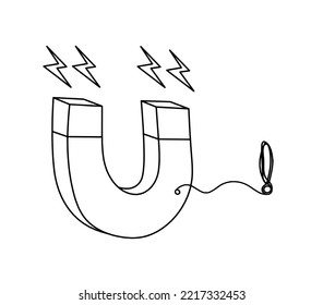 Magnet with exclamation mark as line drawing on white background. Vector