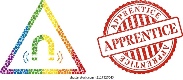 Icono de colage de advertencia de campo magnético de elementos de círculo de diferentes tamaños y tintos de color brillante de arcoiris. Impresión de sello de grifo rojo redondeado con mensaje de aprendiz.