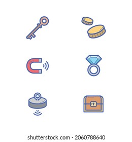 Magnet fishing icon set, treasure hunting vector icons, fishing magnets, old coins and diamond ring, key and treasure chest, cartoon style magnet looting treasure hunting icons.