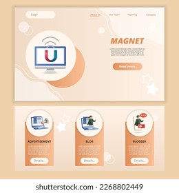Magnet flat landing page website template. Advertisement, blog, blogger. Web banner with header, content and footer. Vector illustration.