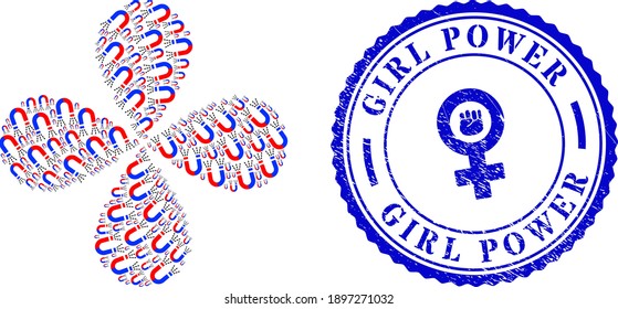 Magnet force curl spin, and blue round GIRL POWER grunge seal with icon inside. Object flower with 4 petals combined from oriented magnet force items. Vector flower collage in flat style.