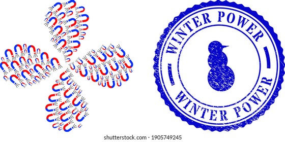 Flor de explosión de fuerza de imán, y la imitación del sello azul redondo INVIERNO POWER con icono dentro. Ciclo de elementos creado a partir de elementos de fuerza impositiva orientados. Collage de flores vectoriales en estilo plano.